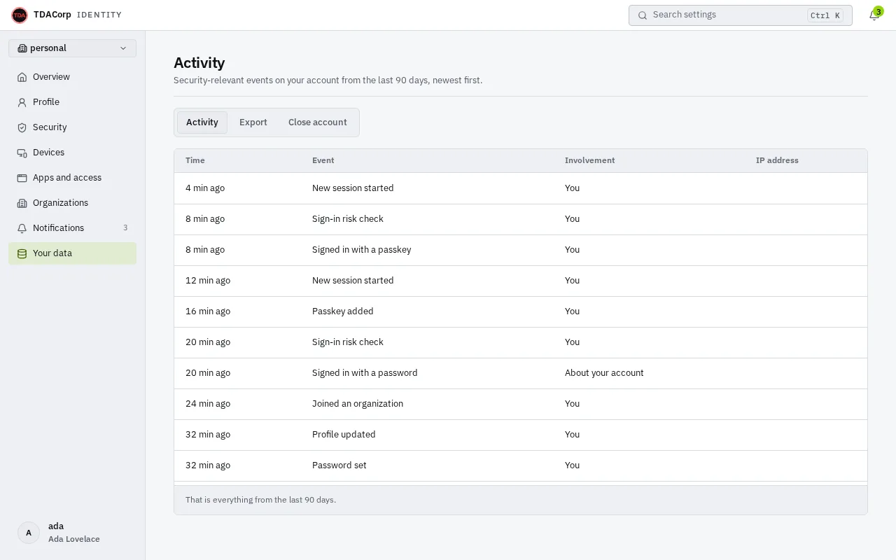 The Activity page: a table of the security-relevant events of the account from the last 90 days, newest first, with when each happened, what it was and who was involved.