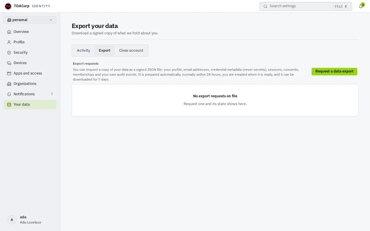 The Export your data page, with a Request a data export button and an empty list of earlier requests.