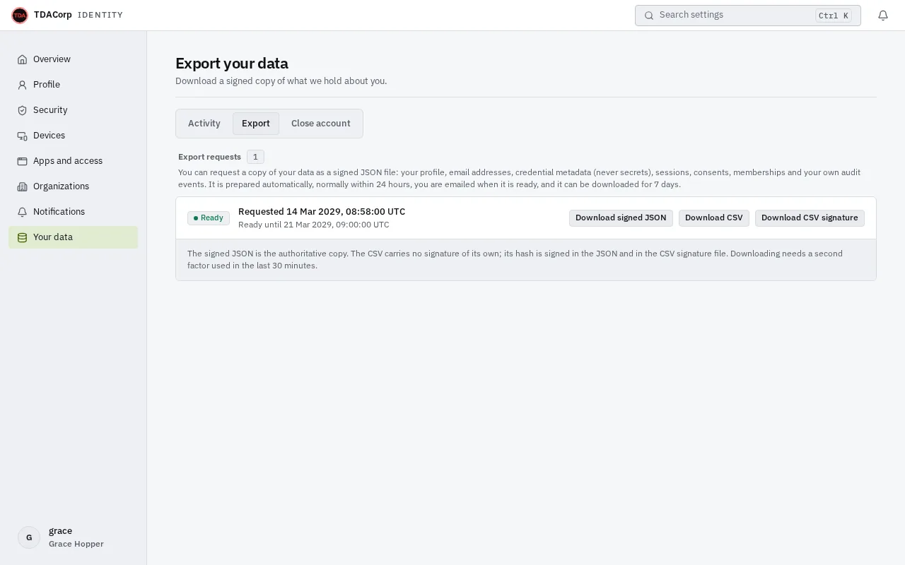 The Export your data page with one request marked Ready, the date its download window ends, and buttons to download the signed JSON, the CSV and the CSV signature.