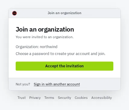 The Join an organization page an invitation email opens: You were invited to an organization, the organization name, the line Choose a password to create your account and join, and an Accept the invitation button.