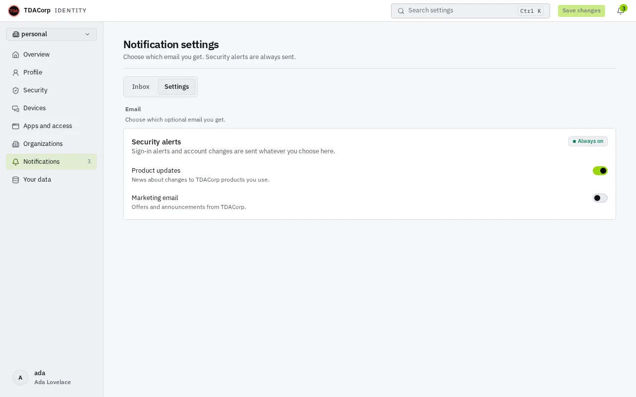 The Notification settings page: security alerts marked Always on, switches for product updates and marketing email, and a Save changes button.