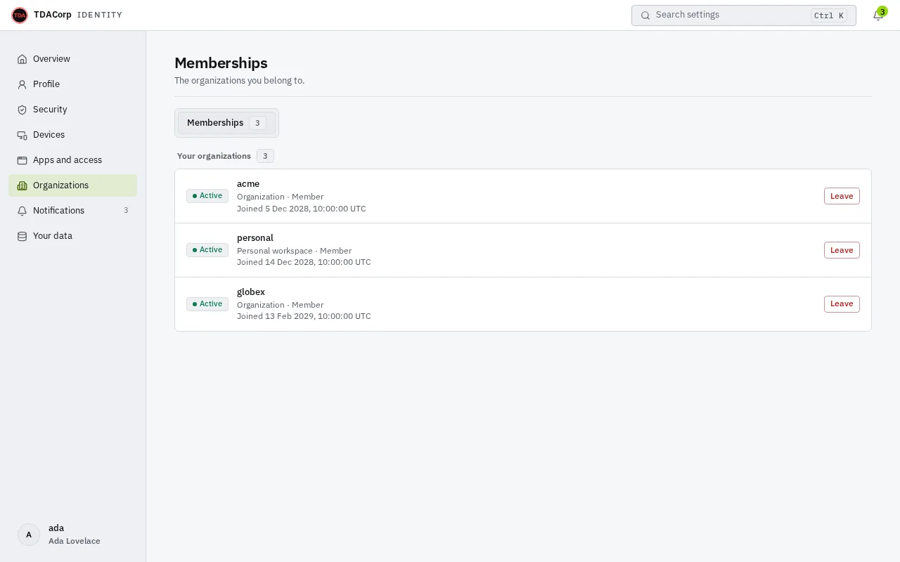 The Memberships page listing the three organizations the person belongs to, each active, with the date joined and a Leave button.