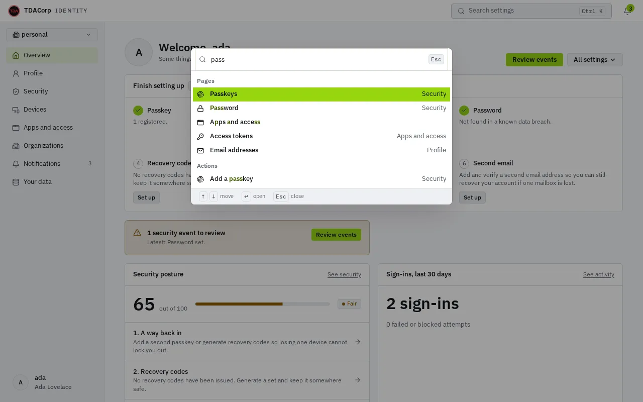 The account search palette open over the overview with the search pass: results grouped under Pages and Actions, with the first result highlighted, and the keys to move, open and close at the bottom.