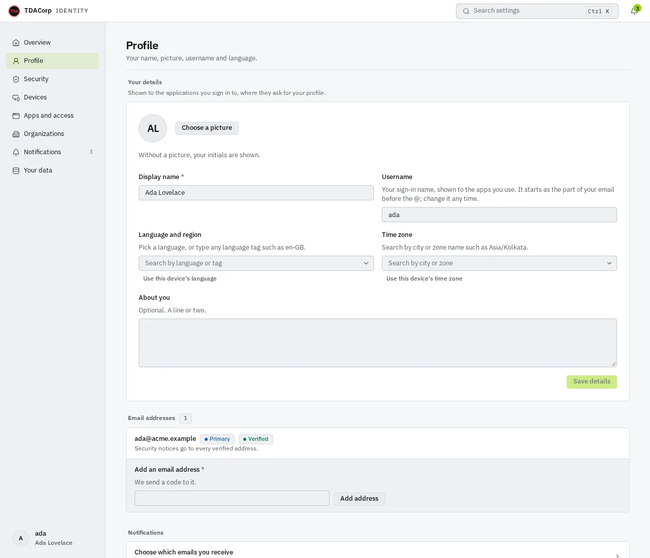 The Profile page: a Picture section, then a Your details section with the display name, username and about-you fields, the language and time zone settings, and a Save details button.