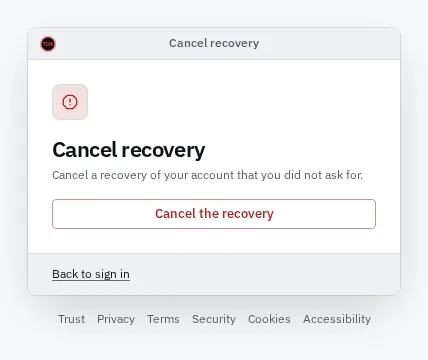 The Cancel recovery page opened from the alert email: Cancel a recovery of your account that you did not ask for, with a Cancel the recovery button.
