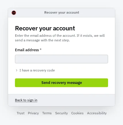 The Recover your account page: an Email address field, an optional I have a recovery code section, a Send recovery message button and a Back to sign in link.