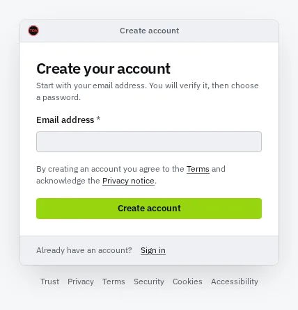 The Create your account page: an Email address field and a Create account button, with the terms and privacy notice under the form and a Sign in link in the footer.