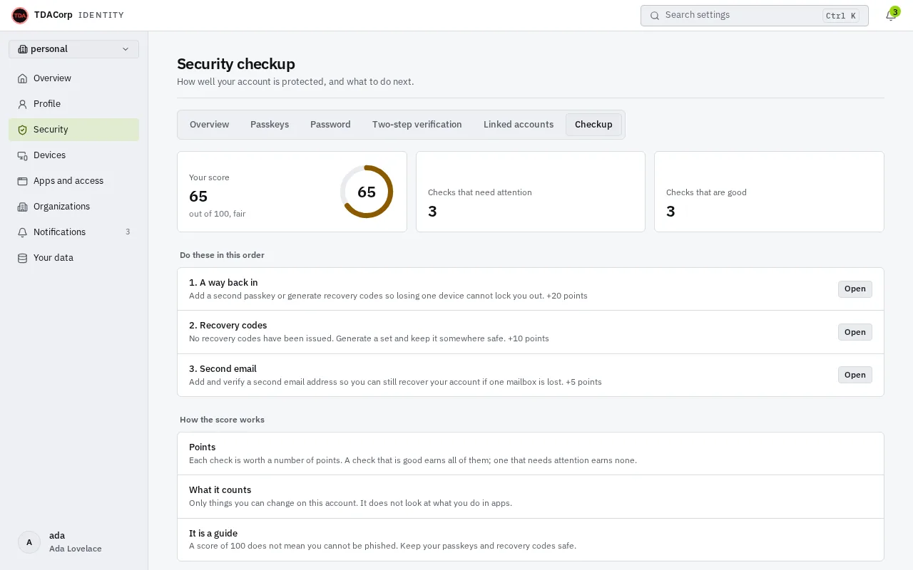The Security checkup: a score of 65 out of 100 marked fair, three checks that need attention and three that are good, then the steps to take in order, each with an Open link, and a short explanation of how the score works.