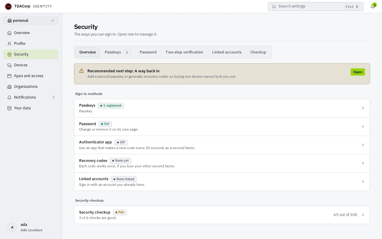 The Security overview: tabs for Overview, Passkeys, Password, Two-step verification, Linked accounts and Checkup; a recommended next step; one row per sign-in method with its status; and a Security checkup summary showing Fair, 65 out of 100.