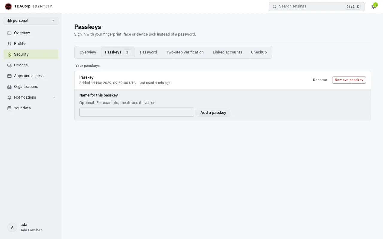 The Passkeys page of the security settings, with one registered passkey that can be renamed or removed, and a field to name and add another.