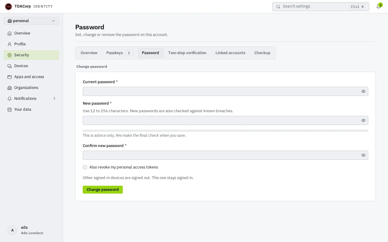 The Password tab of the security settings: a Change password form with the current password, a new password with a strength hint, and its confirmation, an option to also revoke personal access tokens, and a Change password button.