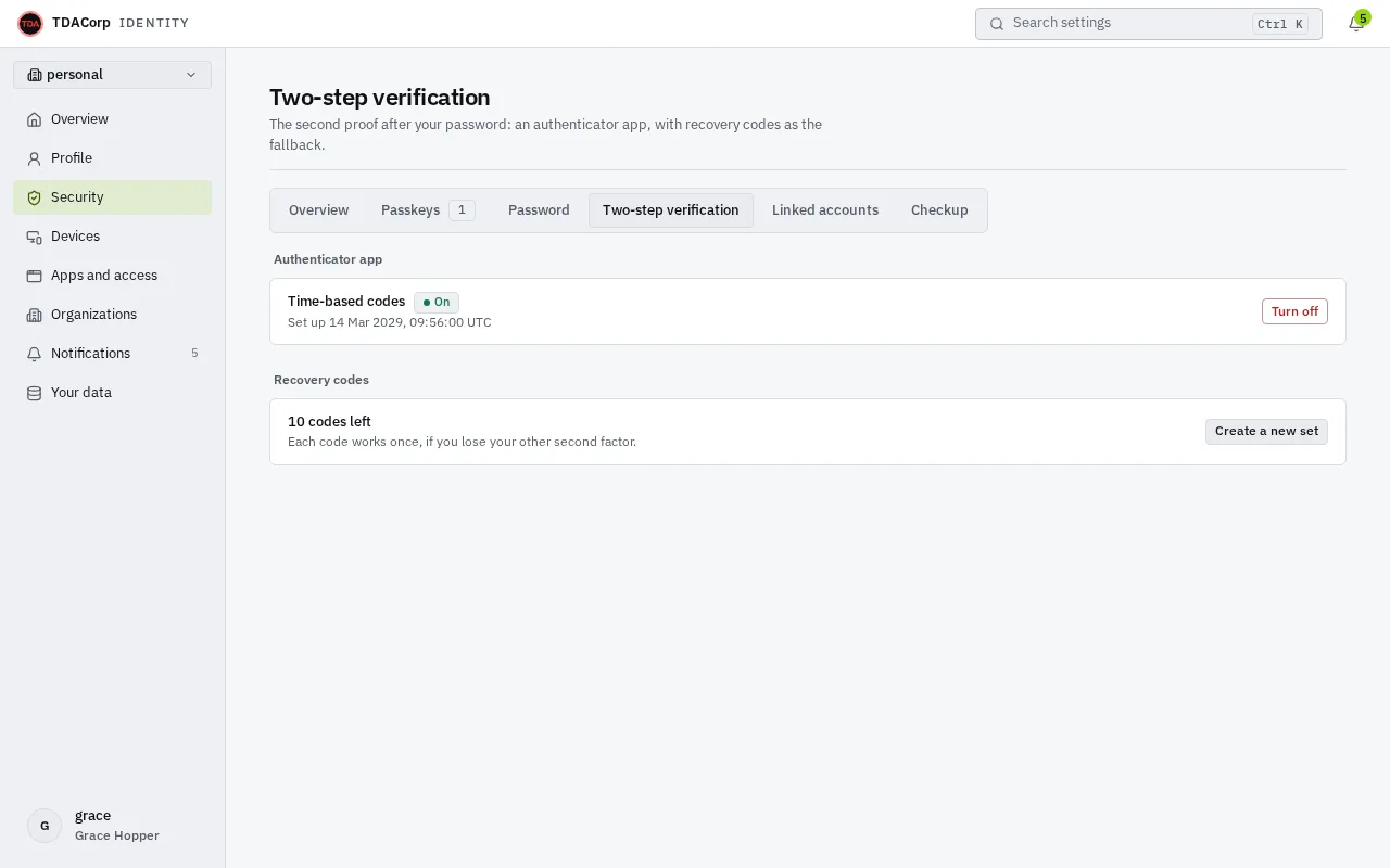 The Two-step verification tab: the authenticator app is On, with a Turn off button, and the recovery codes card says 10 codes left, with a Create a new set button.