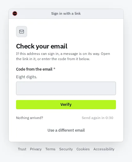 The Check your email screen after asking for a sign-in link: a field for the code from the email, a Verify button, and a Send again control that counts down.