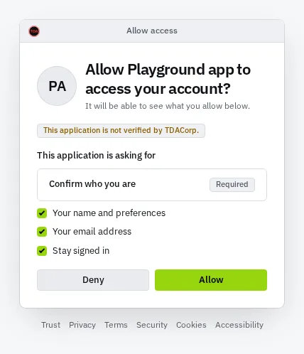 The Allow access screen for an application called Playground app that TDACorp has not verified: a required item to confirm who you are, three optional items that are ticked, and Deny and Allow buttons.