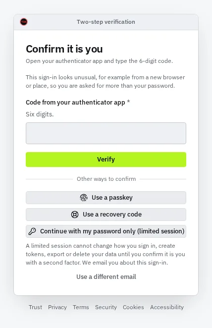 The Confirm it is you screen, the second step of sign-in on a browser the account has not used before: a field for the six-digit code from an authenticator app and a Verify button, with Use a passkey, Use a recovery code and Continue with my password only (limited session) under Other ways to confirm.