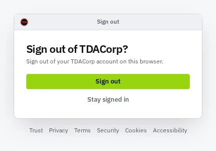 The Sign out of TDACorp confirmation page: a Sign out button and a Stay signed in link.