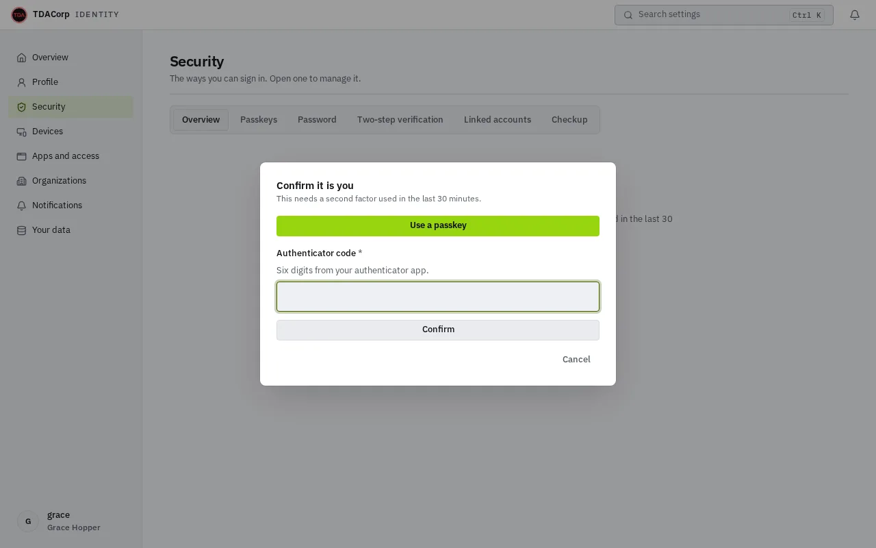 The Confirm it is you dialog over the Security page: it needs a second factor used in the last 30 minutes, and offers a passkey and a six-digit code from an authenticator app.