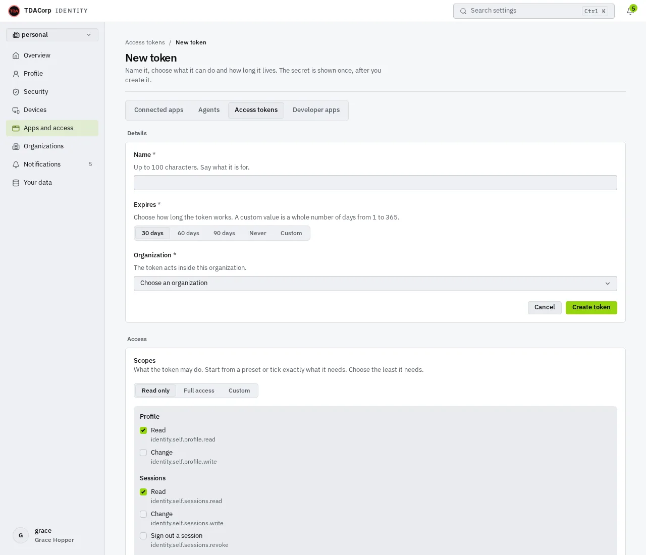 The New token page: a Details section with the token name, when it expires and the organization it acts in, an Access section with an Access level control (Read only, Full access, Custom) above the scopes grouped by area and an allowed-addresses box, and a Create token button.