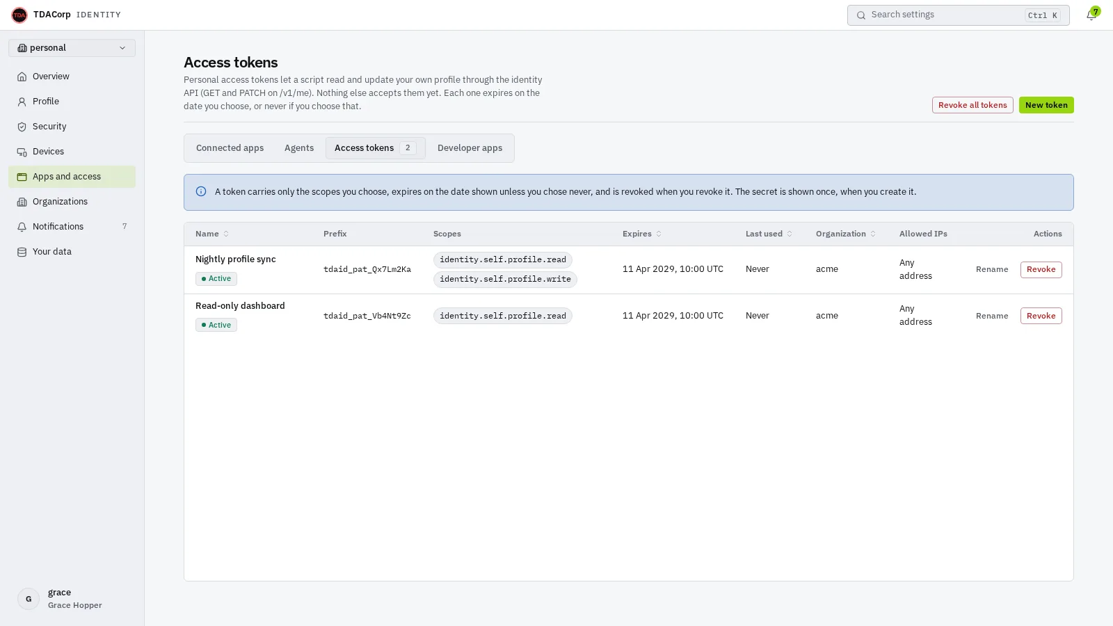 The Access tokens list: two active tokens, each with its prefix, its scopes, when it expires, when it was last used, its organization and its allowed addresses, and the Revoke all tokens and New token buttons.
